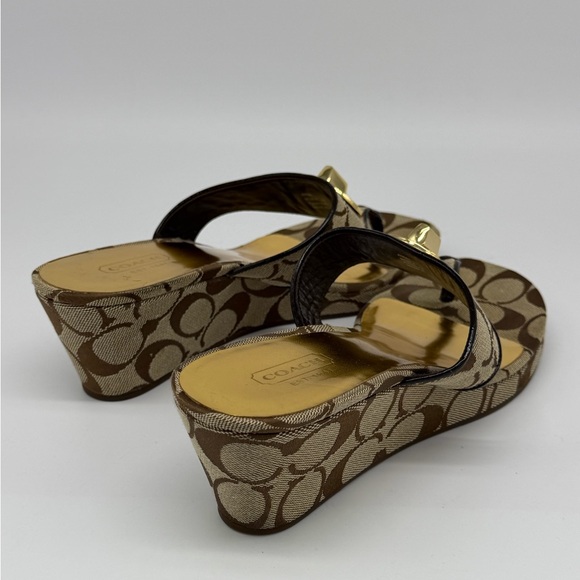 Coach Brown Signature Jacquard Thong Sandals with Gold Medallions - Picture 2 of 9